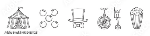 Engaging black and white line drawings featuring essential circus elements like a tent, juggling balls, a unicycle, and a trapeze artist, perfect for various event graphics and