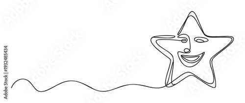Minimalist continuous line drawing of a happy smiling star face with a flowing wavy line, ideal for joyful branding, playful graphic material, or cheerful decorative applications.