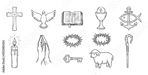 Collection of hand drawn Christian sacred symbols including cross, dove, bible, chalice, anchor, and lamb, ideal for religious graphic projects and spiritual content.