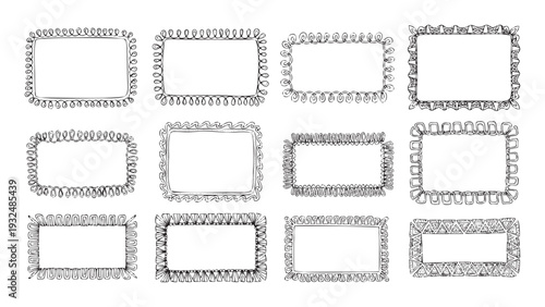 A collection of varied hand drawn rectangular borders and frames with decorative outlines ideal for enhancing invitations, scrapbooks, certificates, labels, and creative craft projects