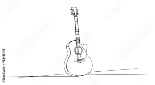 A minimalist continuous line drawing of an acoustic guitar representing music passion and creativity, perfect for various musicrelated print media, digital projects, or decorative graphic