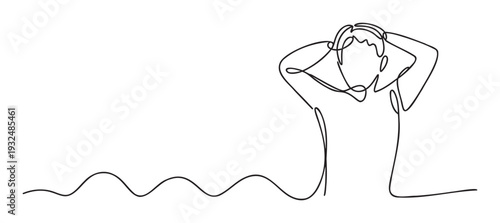 Continuous line drawing of a person with hands behind head expressing stress or deep thought, ideal for mindfulness content, mental health awareness, or problemsolving graphics