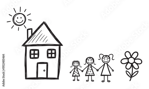 Handdrawn cheerful depiction of a happy stick figure family with three girls, a house, a smiling sun, and a flower, perfect for illustrating themes of childhood, home, and joy.