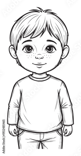 A happy young kid smiling with freckles on his face, wearing casual clothes, ready for various childrens activities and educational projects like coloring books or playful character designs