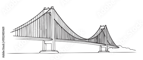 Continuous line drawing of a large suspension bridge spanning across water, perfect for illustrating architectural concepts, civil engineering projects, or modern infrastructure development.