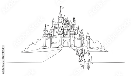 Detailed line drawing of a brave knight riding a noble horse up a winding path towards a majestic fairytale castle, ideal for childrens educational materials, storybook designs, or engaging