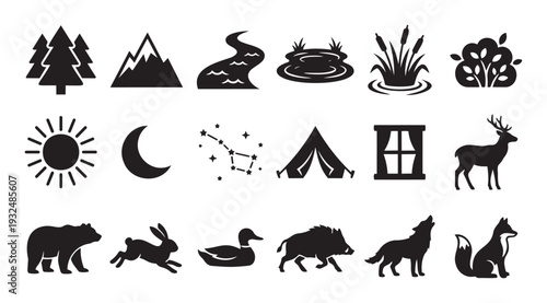 A diverse collection of nature and outdoor adventure silhouette icons featuring trees, mountains, rivers, lakes, wildlife, sun, moon, and camping elements suitable for environmental graphics