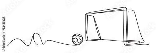 A captivating continuous line drawing of a soccer ball rolling towards a goal representing the dynamic spirit of sports and competition perfect for athletic event promotions or youth