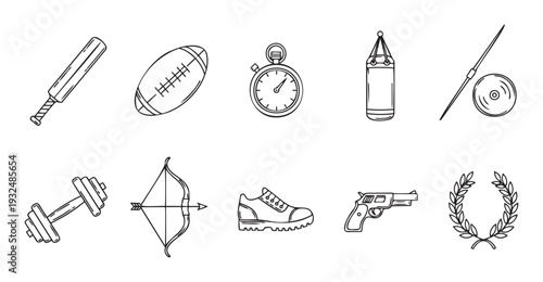 Various sports equipment and athletic competition accessories depicted as clean outline icons, ideal for digital applications, event promotions, and educational content