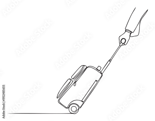 Persons hand holds the handle of a wheeled luggage bag, illustrating travel and movement concepts, perfect for blogs, websites, or brochures about vacations and logistics.