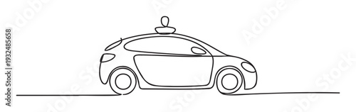 Abstract one line drawing of a modern hatchback car featuring a distinct roof accessory, suitable for illustrating automotive concepts, journey graphics, or technological advancements in