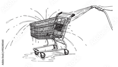 Hand using a water hose to vigorously spray and wash a dirty shopping cart, creating splashes and puddles on the ground, ideal for retail cleaning or sanitization concepts
