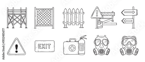 A comprehensive set of essential safety and construction line art icons for emergency preparedness guidelines, hazard alerts, and protective equipment visual communication