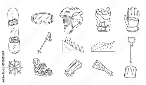A comprehensive collection of winter sports equipment and accessories including snowboard, helmet, goggles, gloves, poles, and mountains for outdoor adventure promotional materials
