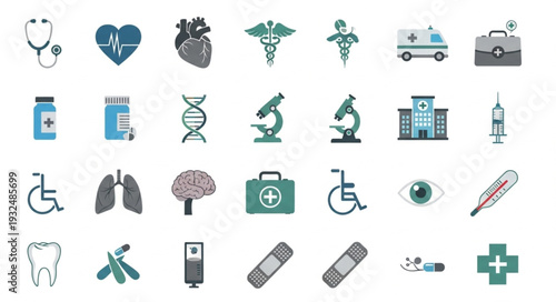 Collection of medical and healthcare icons representing various aspects of medicine and treatment.
