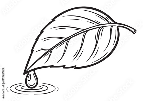 A crisp black and white graphic depicting a botanical leaf with a water droplet gracefully descending from its edge, creating expanding concentric ripples in a calm liquid surface, ideal