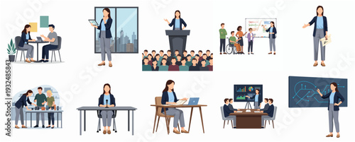 Foto Flat Style Business People in Meeting and Presentation Illustration Set