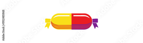 Abstract illustration of a capsule with colorful segments and a ribbon