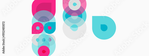 Abstract composition featuring overlapping circles. Pink, teal, gray hues create layered visual effect. Minimalist design, clean background.