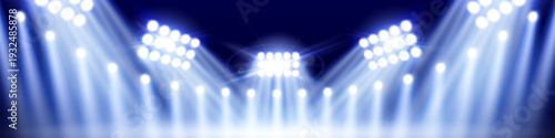 Bright stadium lights illumination on dark background. Vector realistic illustration of white spotlights shining at sports arena, concert stage, theater show, award ceremony, football baseball match