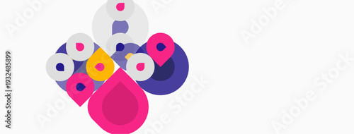 Abstract colorful circles, overlapping shapes create dynamic composition. Bright hues contrast against white background. Modern design.