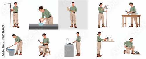Diverse Flat Illustration Set of a Gardener or Agricultural Worker in Various Poses