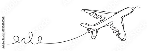Minimalist continuous line drawing of an airplane with a looped flight path, perfect for travel advertisements, global transportation services, or holiday destination promotions.