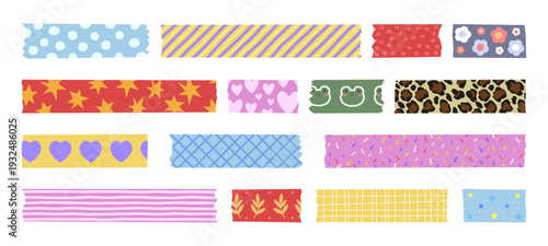 Cute washi tape collection with adorable pattern, floral design, and pastel hearts, animal jaguar print and frogs. Vector border elements for scrapbooking, sticky ribbons or craft diary decoration