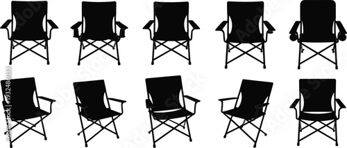 Folding camping chair silhouette set, portable outdoor seat vector collection, black picnic furniture illustration isolated, travel equipment design pack