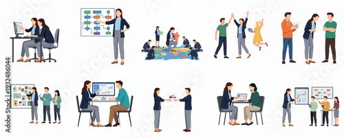 Flat Illustration Diverse Business People Characters in Meeting and Presentation