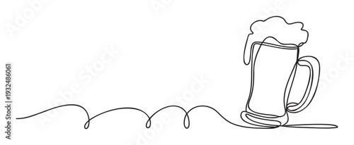 Minimalist single continuous line drawing capturing a frothy beer mug ideal for restaurant menus pub graphics or refreshing drink advertisements and event invitations.