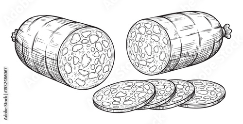 Classic etched style depiction of delicious whole and sliced sausage or salami, perfect for culinary menus, deli packaging, or gourmet food product advertisements