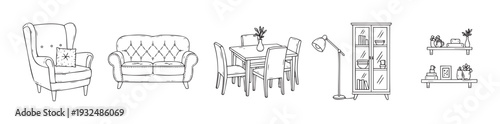 Hand drawn outline set of living room and dining room furniture for home interior design concepts modern decor projects and room arrangement layouts