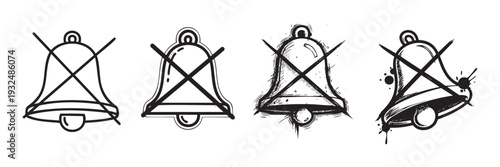 Collection of silent bell icons with a distinct cross indicating no sound notifications, ideal for user interface application or mobile app development