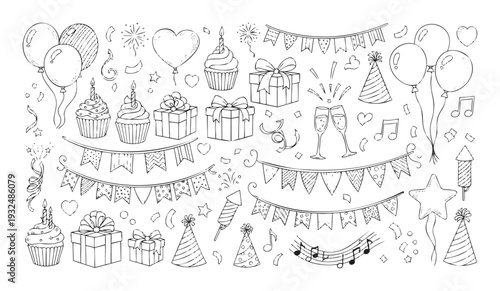 Hand drawn celebration accessories featuring balloons, cupcakes, gift boxes, party hats, and festive bunting, ideal for adding a playful touch to event marketing and happy occasion projects.