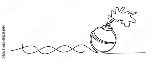 Minimalist continuous line drawing of an imminent bomb explosion with a smoking fuse connected by a wavy abstract line, ideal for concepts of danger, stress, or urgency in graphic