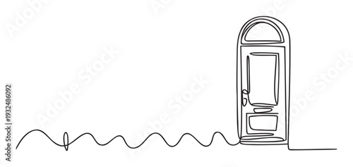 A minimalist continuous line drawing depicting a tall arched door symbolizing new beginnings and access to opportunities, ideal for business concepts or motivational graphics.
