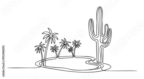 Minimalist continuous line artwork depicting a tranquil desert oasis with lush palm trees and a prominent saguaro cactus, ideal for modern website backgrounds or natural landscape posters.