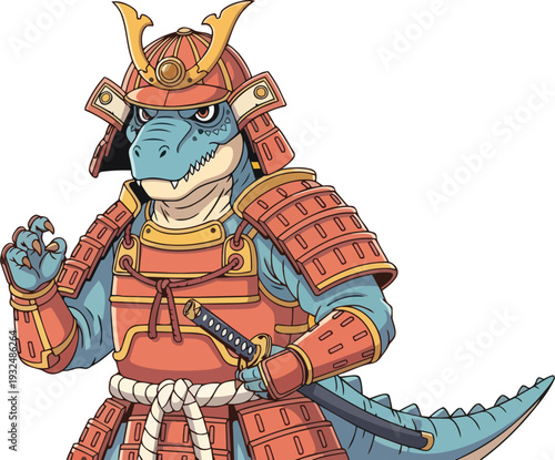 A cartoon dinosaur in samurai armor stands proudly holding a sword in a fierce pose, viewed from the front