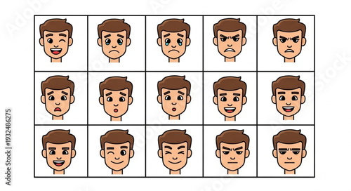 Various facial expressions of a young man in a grid format, showcasing emotions.