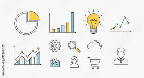 Business and data analysis icons representing growth and ideas for success.