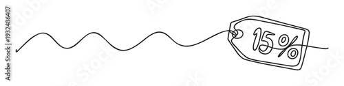 Continuous line drawing of a flowing wavy path culminating in a price tag displaying a fifteen percent discount, perfect for marketing promotions and online retail sales campaigns