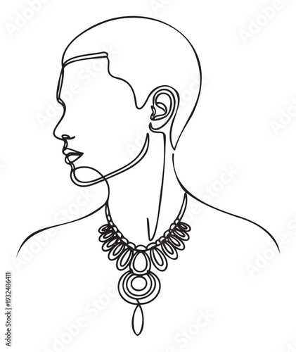 Sleek minimalist continuous line drawing of an elegant person with a shaved head wearing a decorative necklace for contemporary design and sophisticated brand visuals.