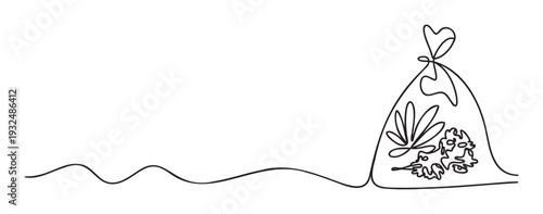 Monoline drawing depicting a plastic bag containing abstract organic elements, tied with a decorative heartshaped knot, suitable for environmental protection or shopping promotions.