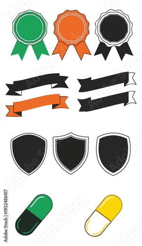Set of various vector emblems ribbons and pills on black background