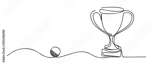 Continuous single line drawing depicting a golf ball moving towards a prestigious championship trophy, ideal for celebrating sporting achievements and competition success