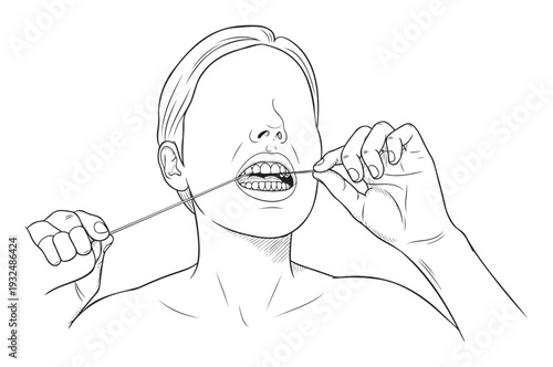 Person using dental floss for effective interdental cleaning to ensure optimal mouth hygiene and gum health for health education materials and dental care promotions