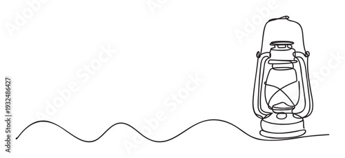 Minimalist single continuous line drawing of an antique oil lamp, perfect as a graphic resource for vintage themes, simple branding, or decorative usage in various projects.