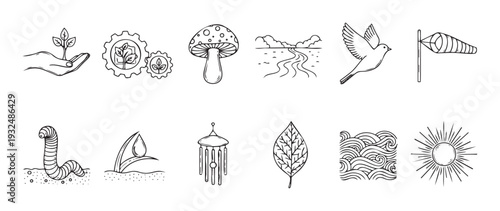 A collection of nature and environmental line icons featuring plants, water, sun, wind, and earth elements, ideal for ecological projects, sustainable living concepts, and educational