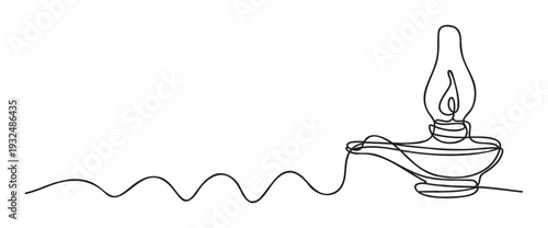 Continuous line drawing of a stylized oil lamp with a glowing flame, symbolizing ideas and enlightenment, perfect for educational materials, historical themes, or decorative graphics.